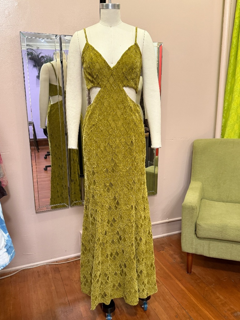 House of Harlow 1960, Velvet Maxi Dress, Olive Green Gold Diamond Burnout, Small